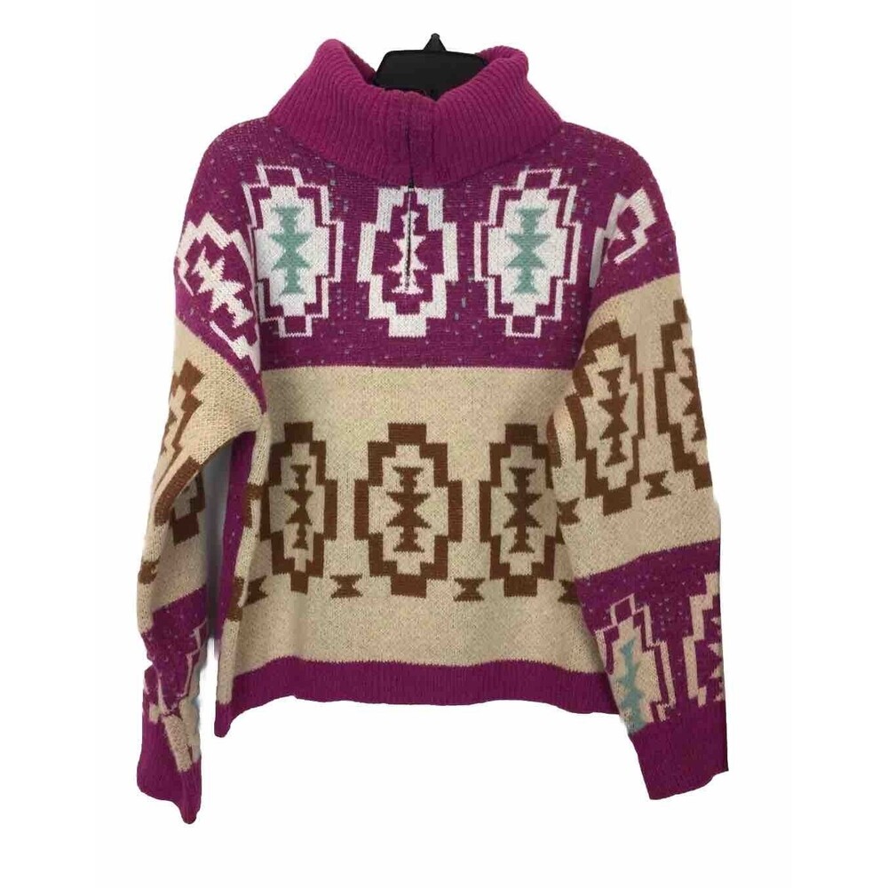 Woven Heart Women’s Sweater 1/4 Zip Roll Neck Long Sleeve Aztec Boho Multi Sz S